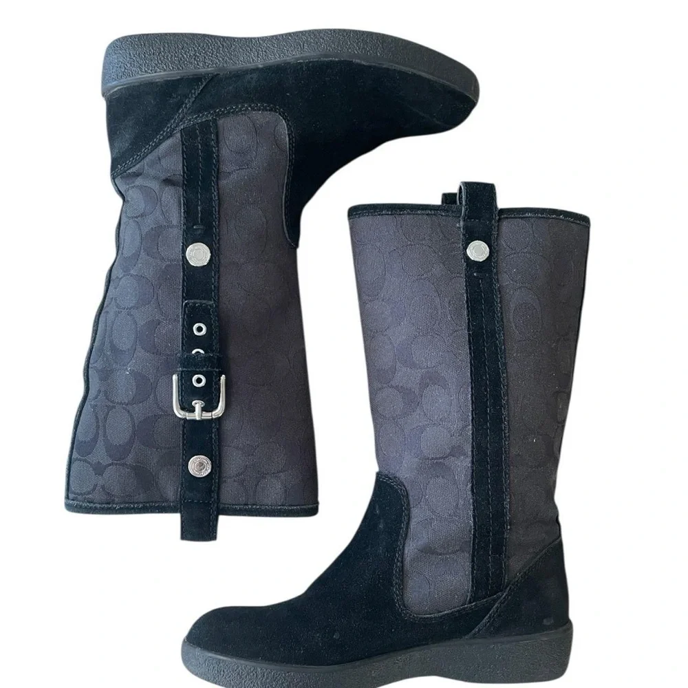 Coach Logo Boots Black Suede‎ Canvass Monogram Mid-Calf 